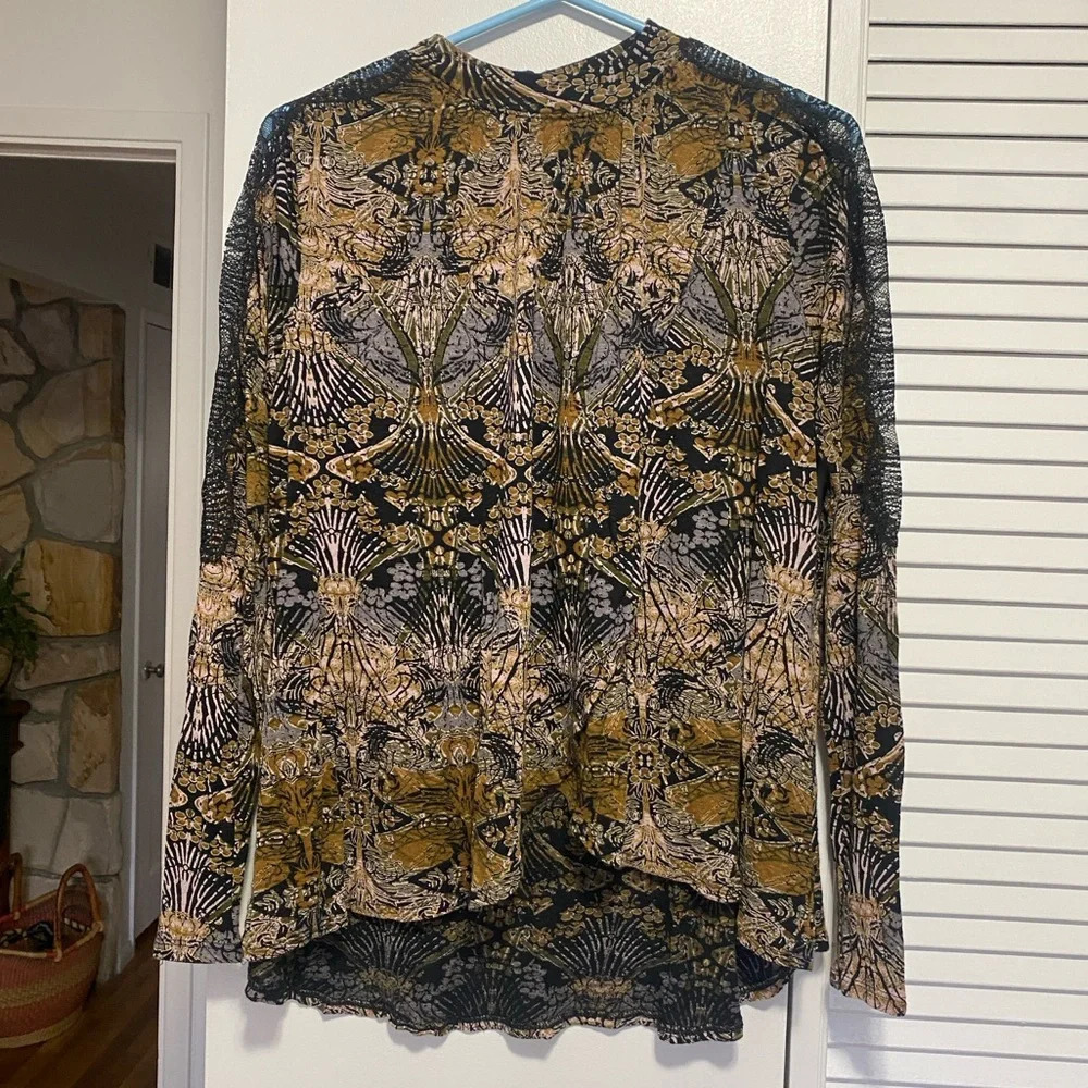 Free People Black and Browns Patterned Long Sleeve Blouse, Sz M, EUC
